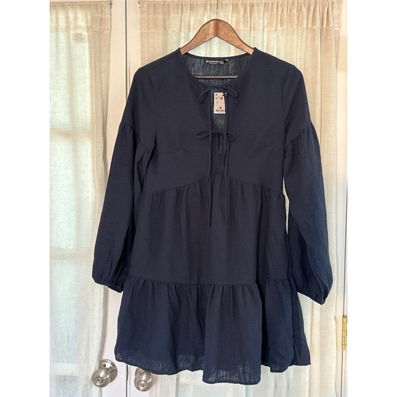 Stradivarius Tiered Mini Dress Tie Neck Long Sleeve‎ Casual XS - Picture 1 of 6